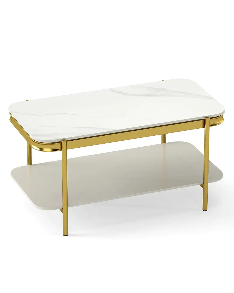 2-Tier Modern Rectangular Coffee Table with Sintered Stone Top-White - White - Coffee Tables