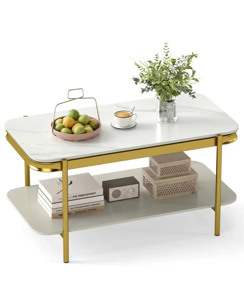 2-Tier Modern Rectangular Coffee Table with Sintered Stone Top-White - White - Coffee Tables