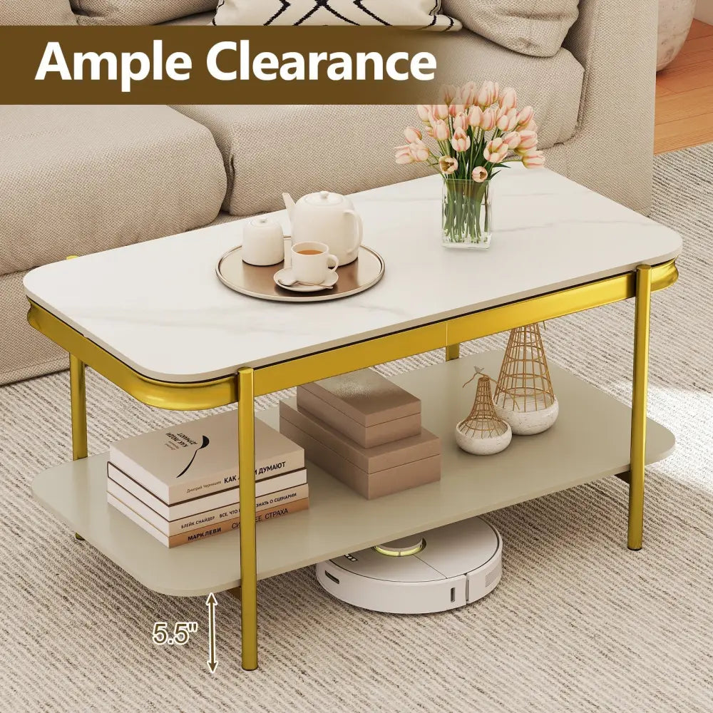2-Tier Modern Rectangular Coffee Table with Sintered Stone Top-White Costway