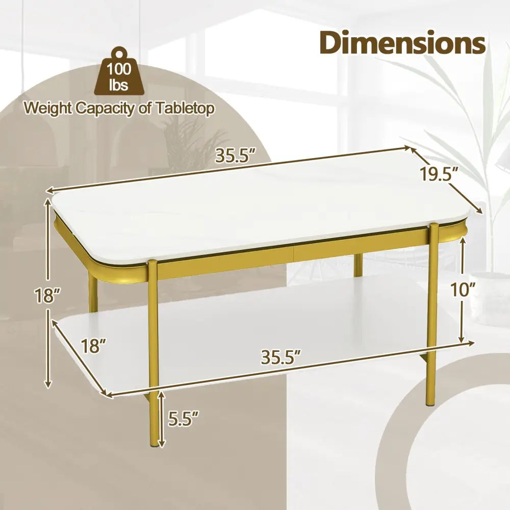 2-Tier Modern Rectangular Coffee Table with Sintered Stone Top-White Costway