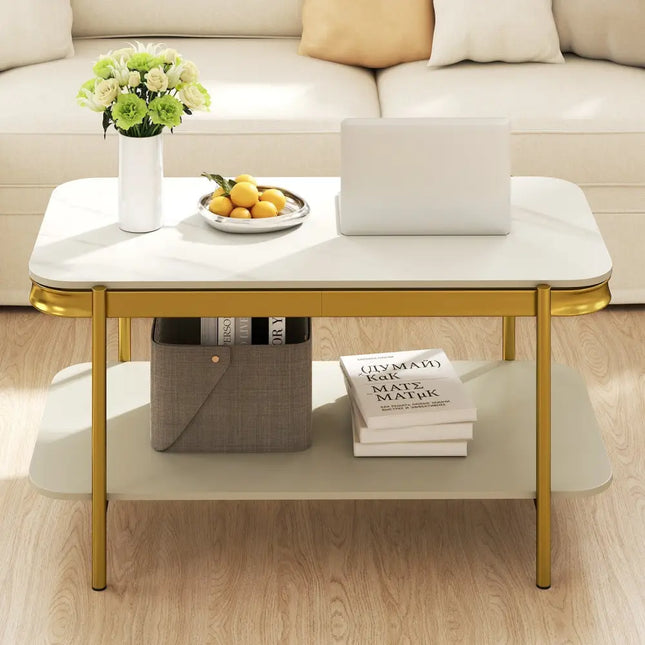 2-Tier Modern Rectangular Coffee Table with Sintered Stone Top-White Costway