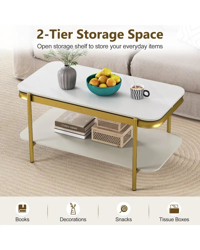 2-Tier Modern Rectangular Coffee Table with Sintered Stone Top-White - White - Coffee Tables