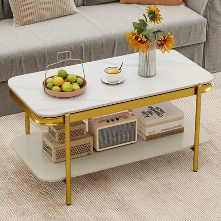 2-Tier Modern Rectangular Coffee Table with Sintered Stone Top-White Costway