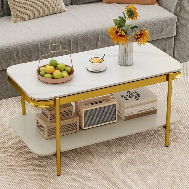 2-Tier Modern Rectangular Coffee Table with Sintered Stone Top-White Costway