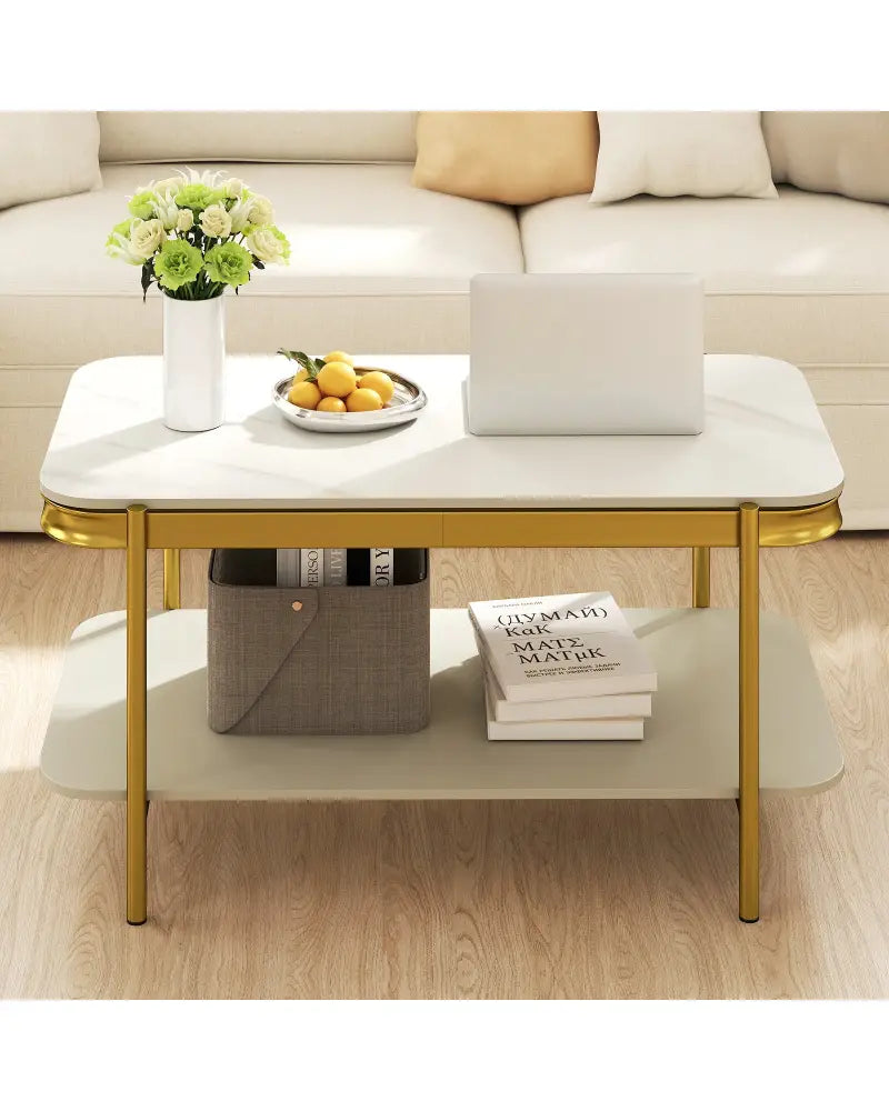 2-Tier Modern Rectangular Coffee Table with Sintered Stone Top-White - White - Coffee Tables
