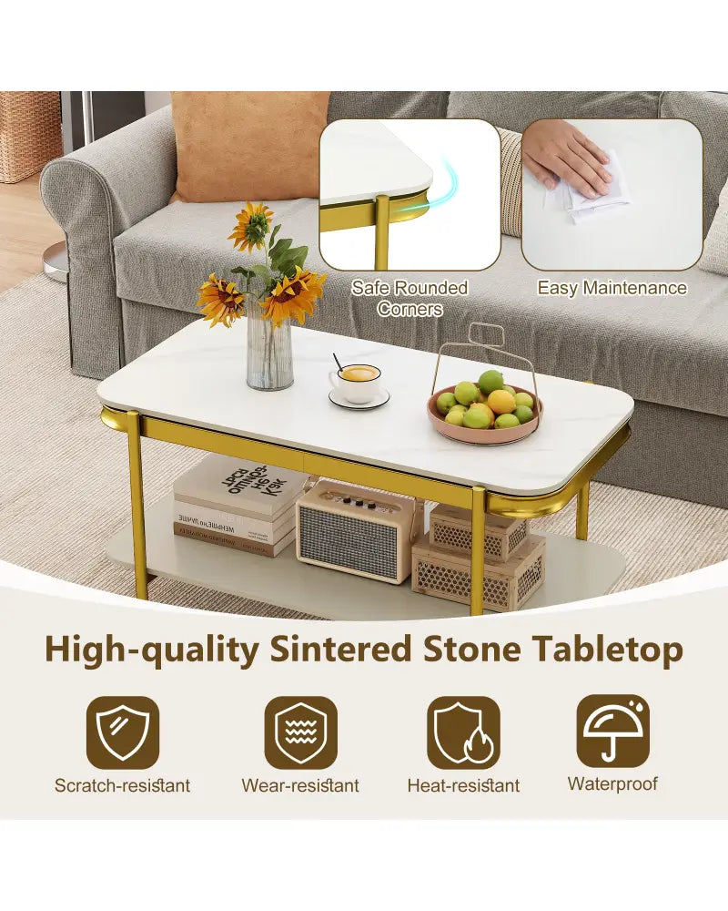 2-Tier Modern Rectangular Coffee Table with Sintered Stone Top-White - White - Coffee Tables