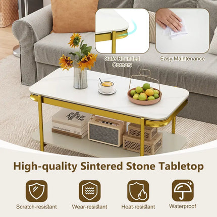 2-Tier Modern Rectangular Coffee Table with Sintered Stone Top-White Costway