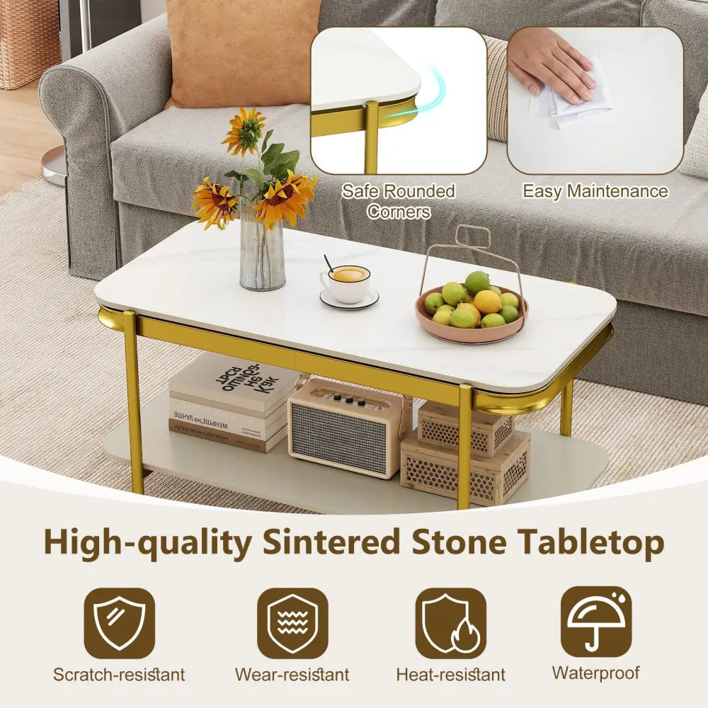 2-Tier Modern Rectangular Coffee Table with Sintered Stone Top-White Costway