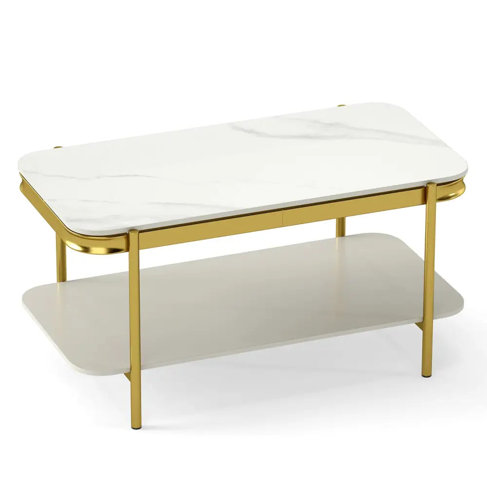 2-Tier Modern Rectangular Coffee Table with Sintered Stone Top-White Costway