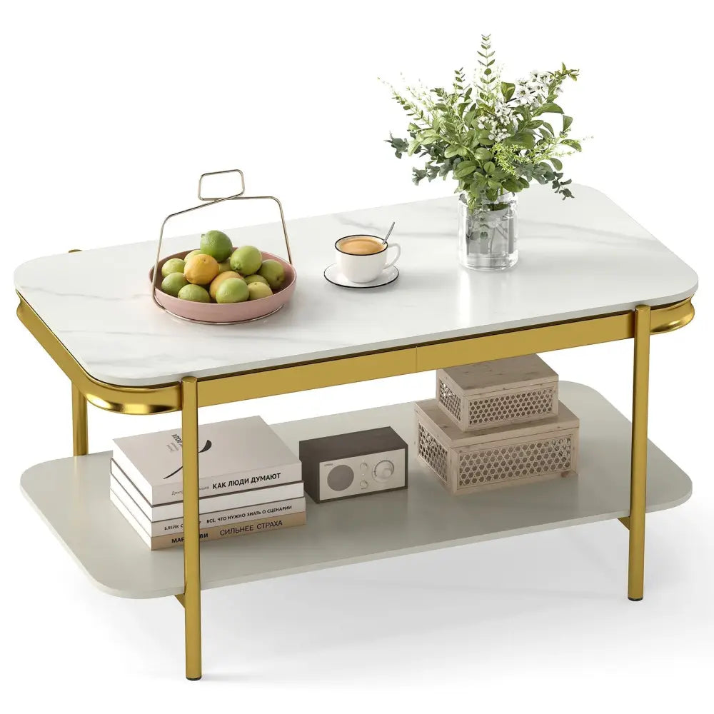 2-Tier Modern Rectangular Coffee Table with Sintered Stone Top-White Costway