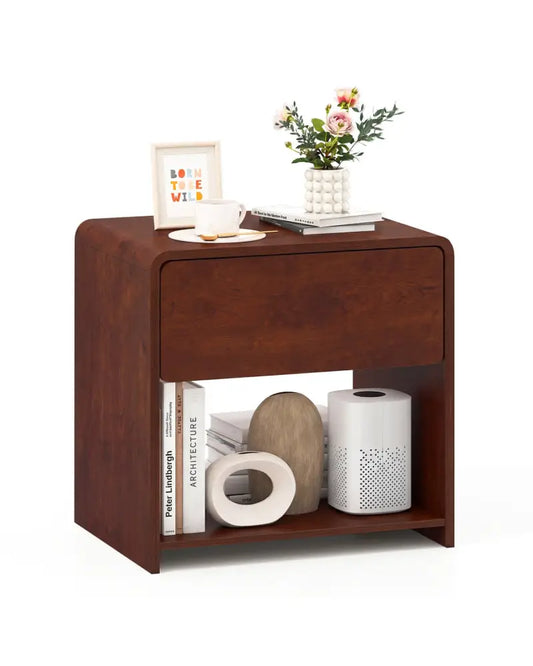 2-Tier Modern Style Nightstand with Drawer and Open Shelf for Bedroom-Walnut - Walnut - Nightstands