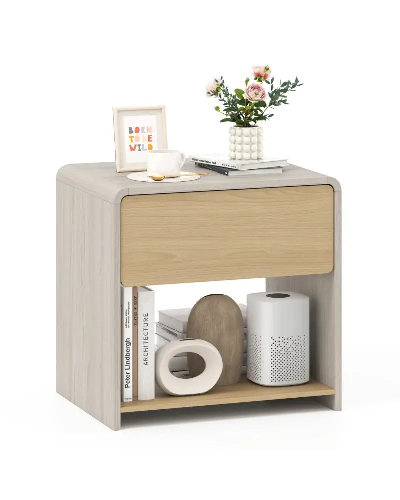 2-Tier Modern Style Nightstand with Drawer and Open Shelf-Oak - Oak - Nightstands