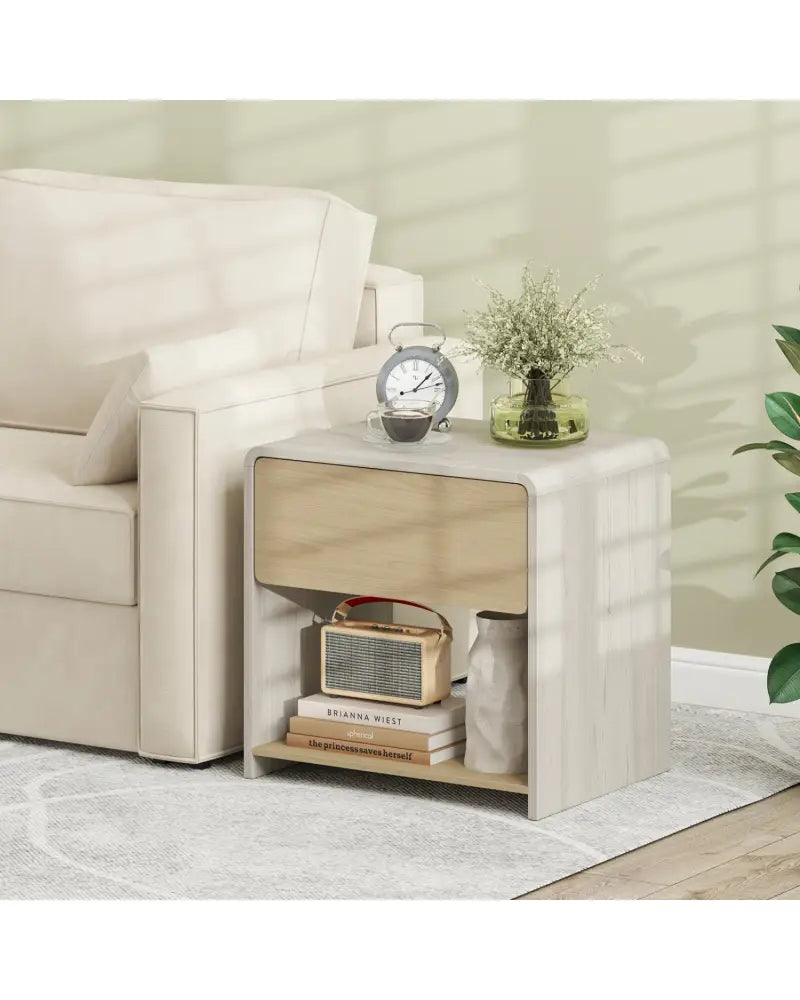 2-Tier Modern Style Nightstand with Drawer and Open Shelf-Oak - Oak - Nightstands