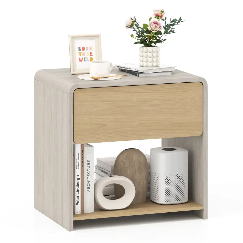 2-Tier Modern Style Nightstand with Drawer and Open Shelf-Oak Costway