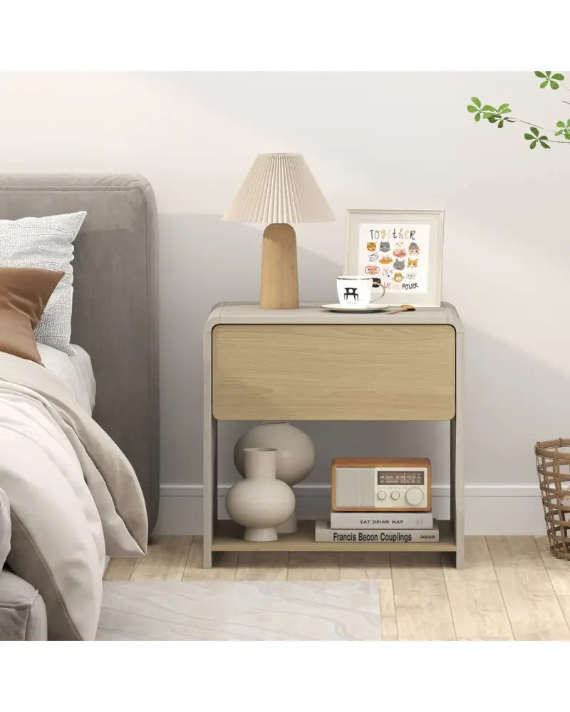 2-Tier Modern Style Nightstand with Drawer and Open Shelf-Oak - Oak - Nightstands
