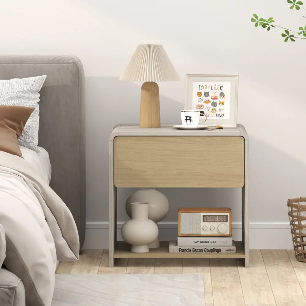 2-Tier Modern Style Nightstand with Drawer and Open Shelf-Oak - Oak - Nightstands