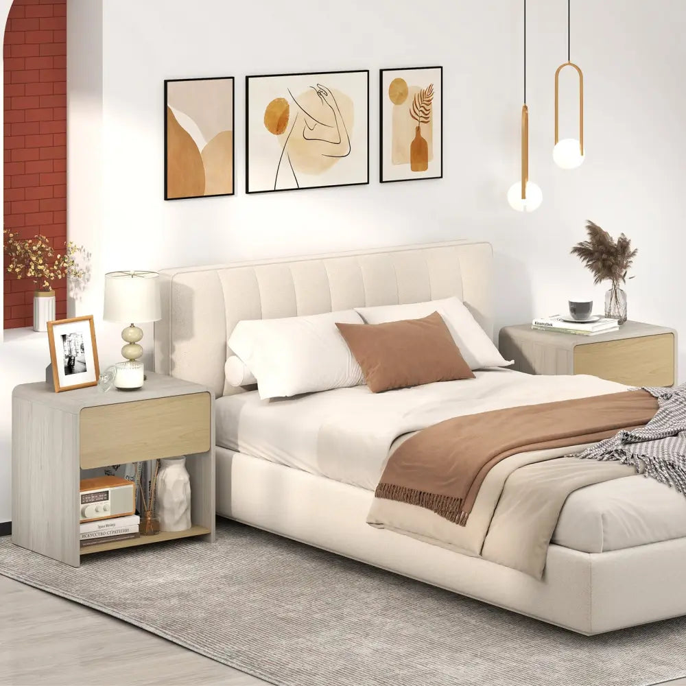 2-Tier Modern Style Nightstand with Drawer and Open Shelf-Oak Costway