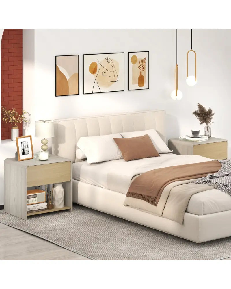 2-Tier Modern Style Nightstand with Drawer and Open Shelf-Oak - Oak - Nightstands