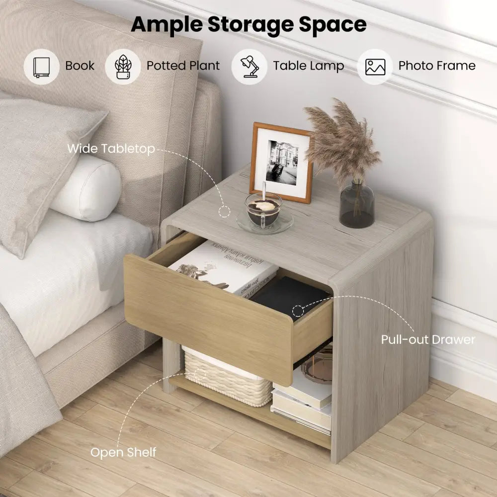 2-Tier Modern Style Nightstand with Drawer and Open Shelf-Oak Costway