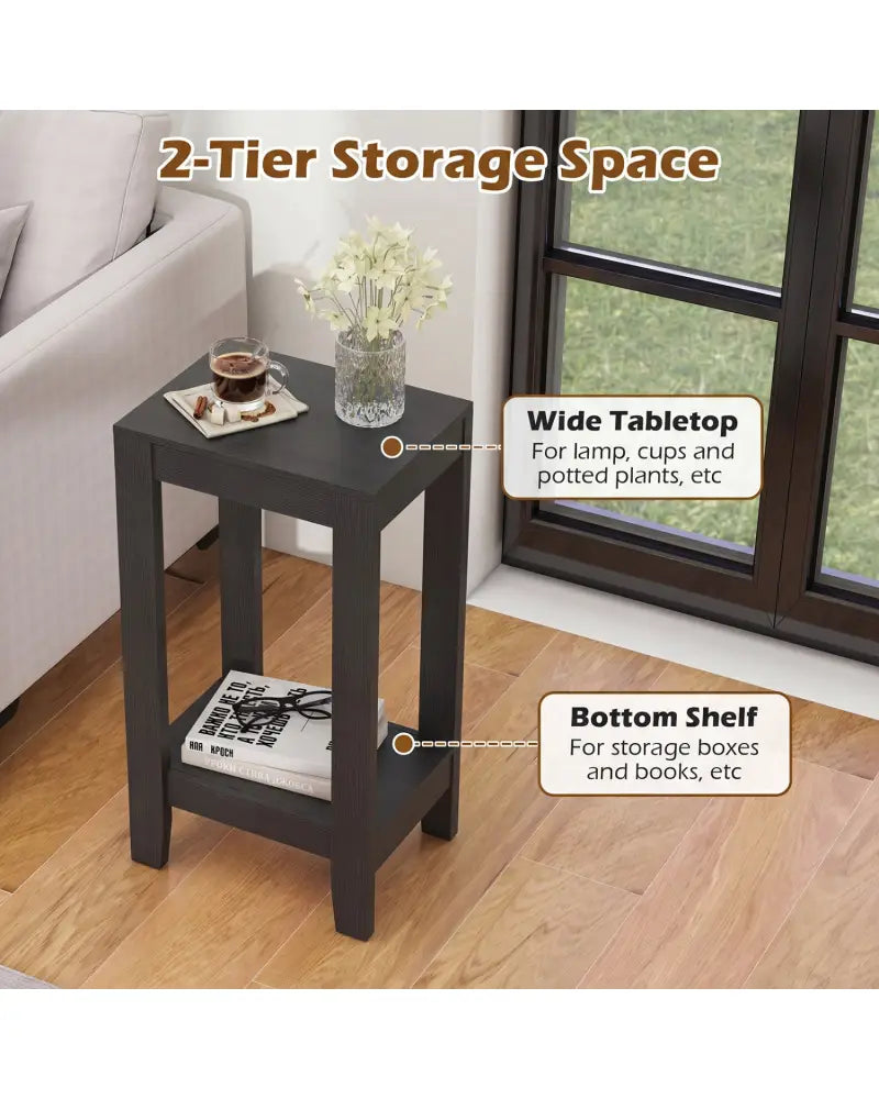 2-Tier Nightstand End Side Wooden Legs Table for Bedroom-Black - Black - End & Side Tables