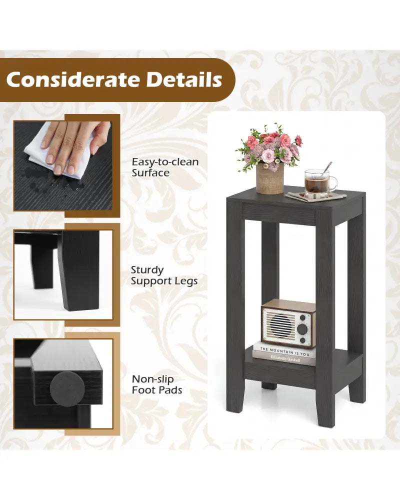 2-Tier Nightstand End Side Wooden Legs Table for Bedroom-Black - Black - End & Side Tables
