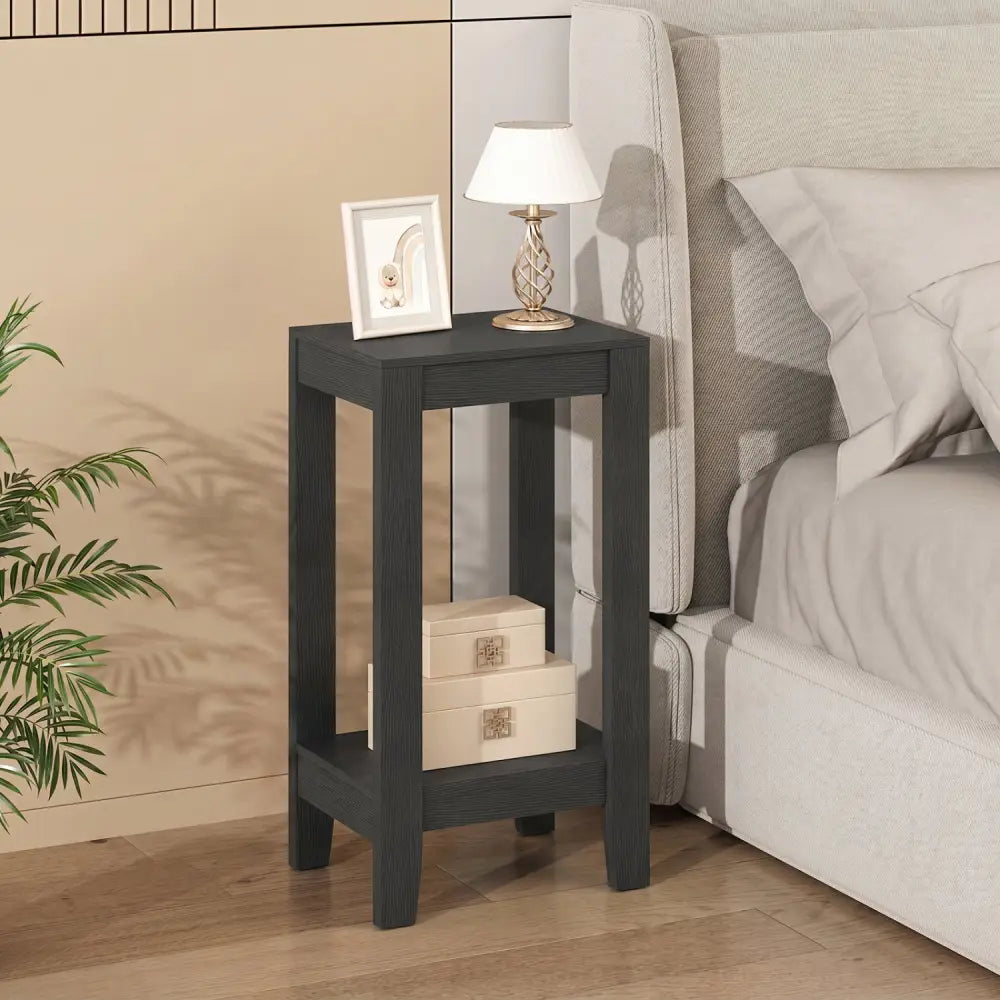 2-Tier Nightstand End Side Wooden Legs Table for Bedroom-Black - Black - End & Side Tables