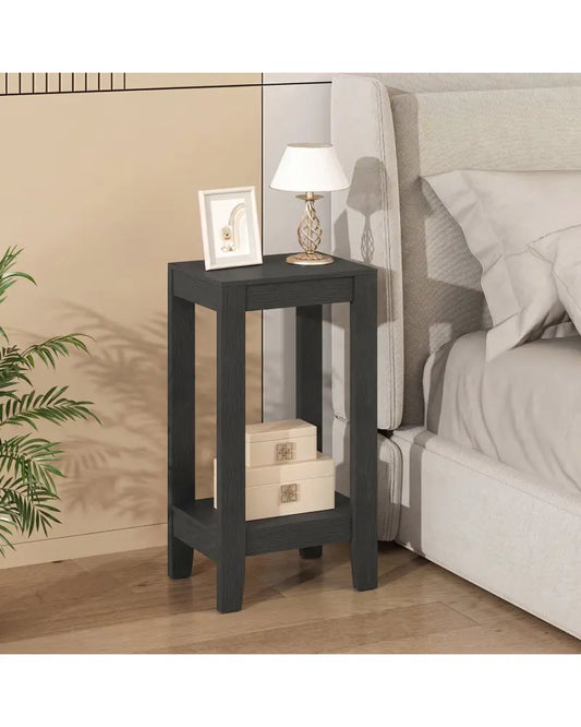 2-Tier Nightstand End Side Wooden Legs Table for Bedroom-Black - Black - End & Side Tables