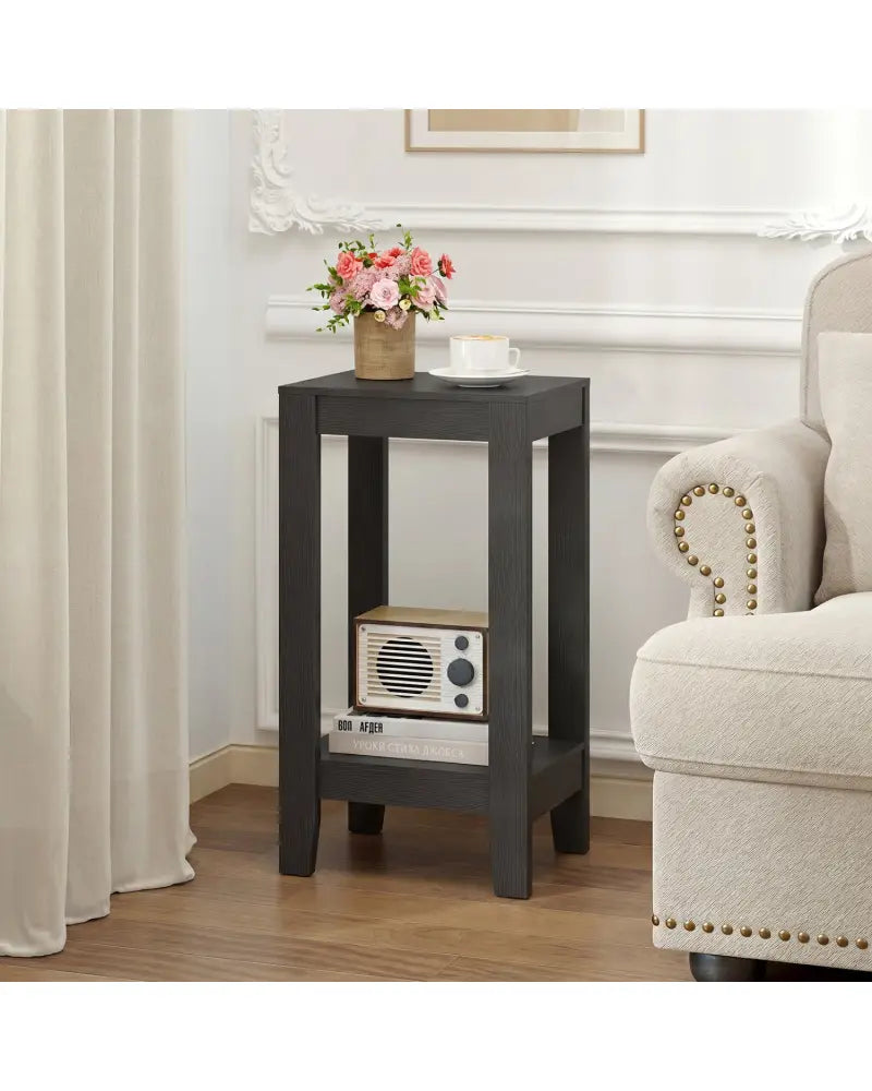 2-Tier Nightstand End Side Wooden Legs Table for Bedroom-Black - Black - End & Side Tables