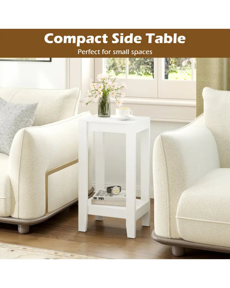 2-Tier Nightstand End Side Wooden Legs Table for Bedroom-White - White - End & Side Tables