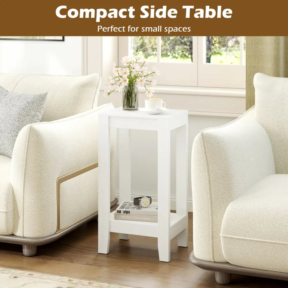 2-Tier Nightstand End Side Wooden Legs Table for Bedroom-White - White - End & Side Tables