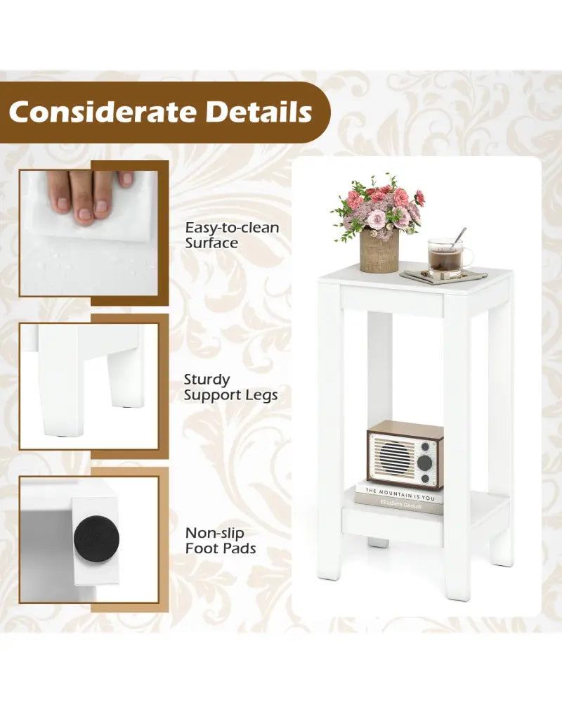 2-Tier Nightstand End Side Wooden Legs Table for Bedroom-White - White - End & Side Tables