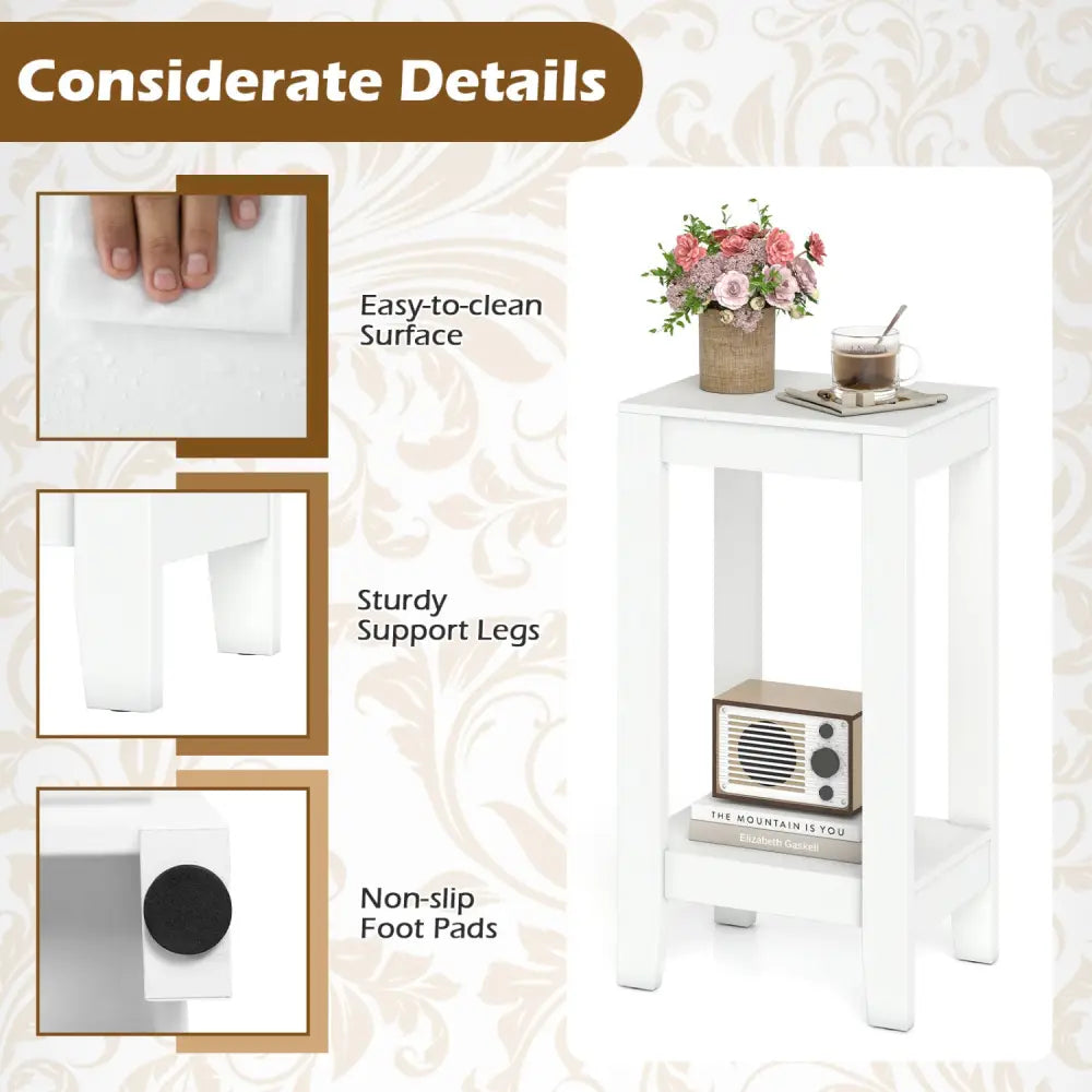 2-Tier Nightstand End Side Wooden Legs Table for Bedroom-White - White - End & Side Tables