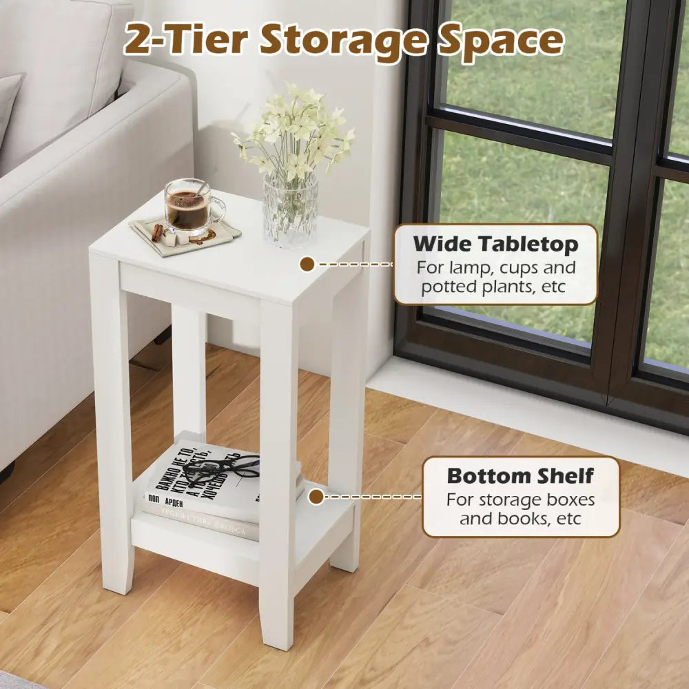 2-Tier Nightstand End Side Wooden Legs Table for Bedroom-White - White - End & Side Tables