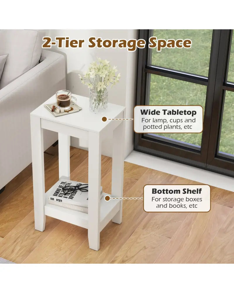 2-Tier Nightstand End Side Wooden Legs Table for Bedroom-White - White - End & Side Tables