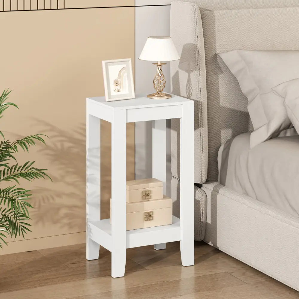 2-Tier Nightstand End Side Wooden Legs Table for Bedroom-White - White - End & Side Tables