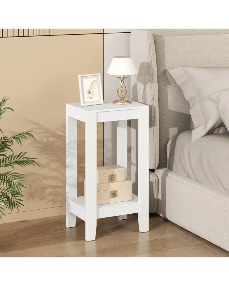 2-Tier Nightstand End Side Wooden Legs Table for Bedroom-White - White - End & Side Tables