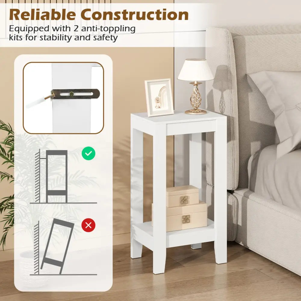 2-Tier Nightstand End Side Wooden Legs Table for Bedroom-White - White - End & Side Tables