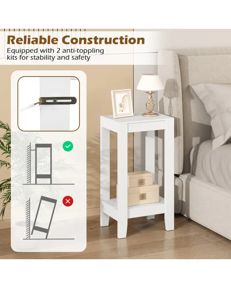 2-Tier Nightstand End Side Wooden Legs Table for Bedroom-White - White - End & Side Tables