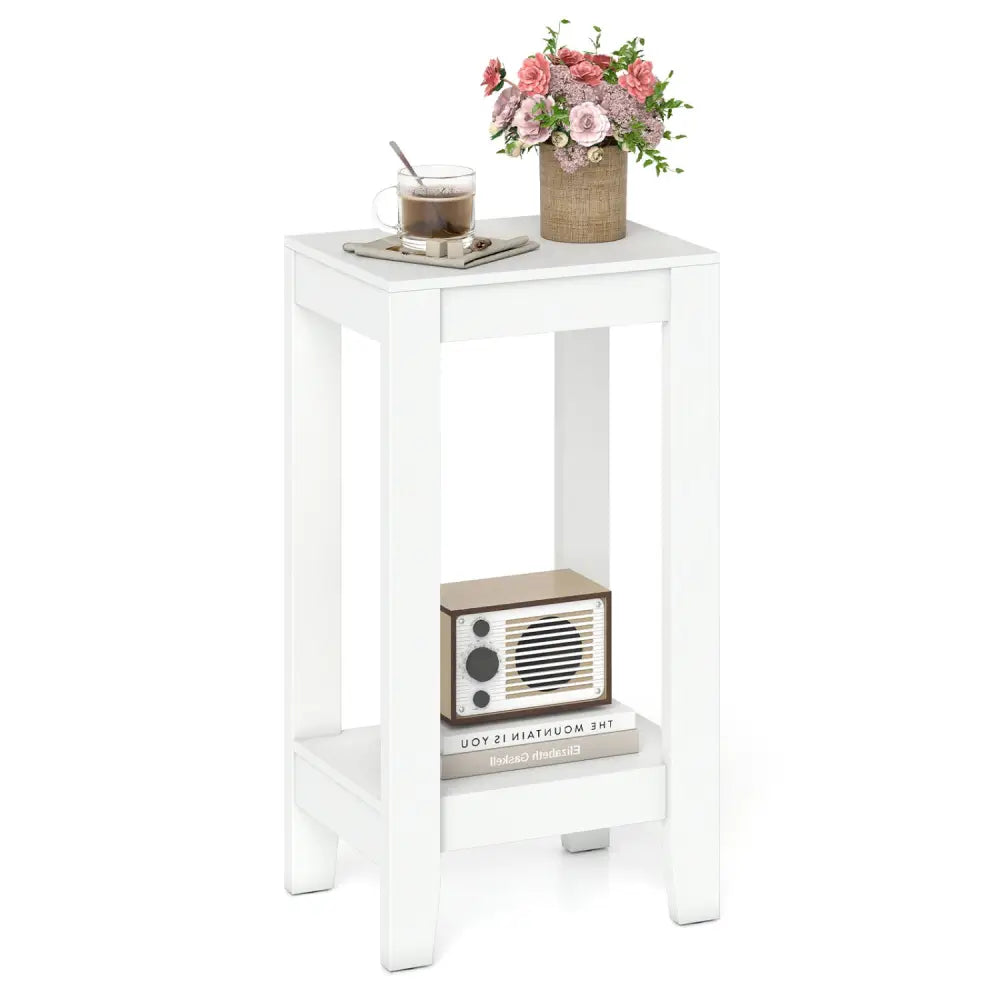 2-Tier Nightstand End Side Wooden Legs Table for Bedroom-White - White - End & Side Tables