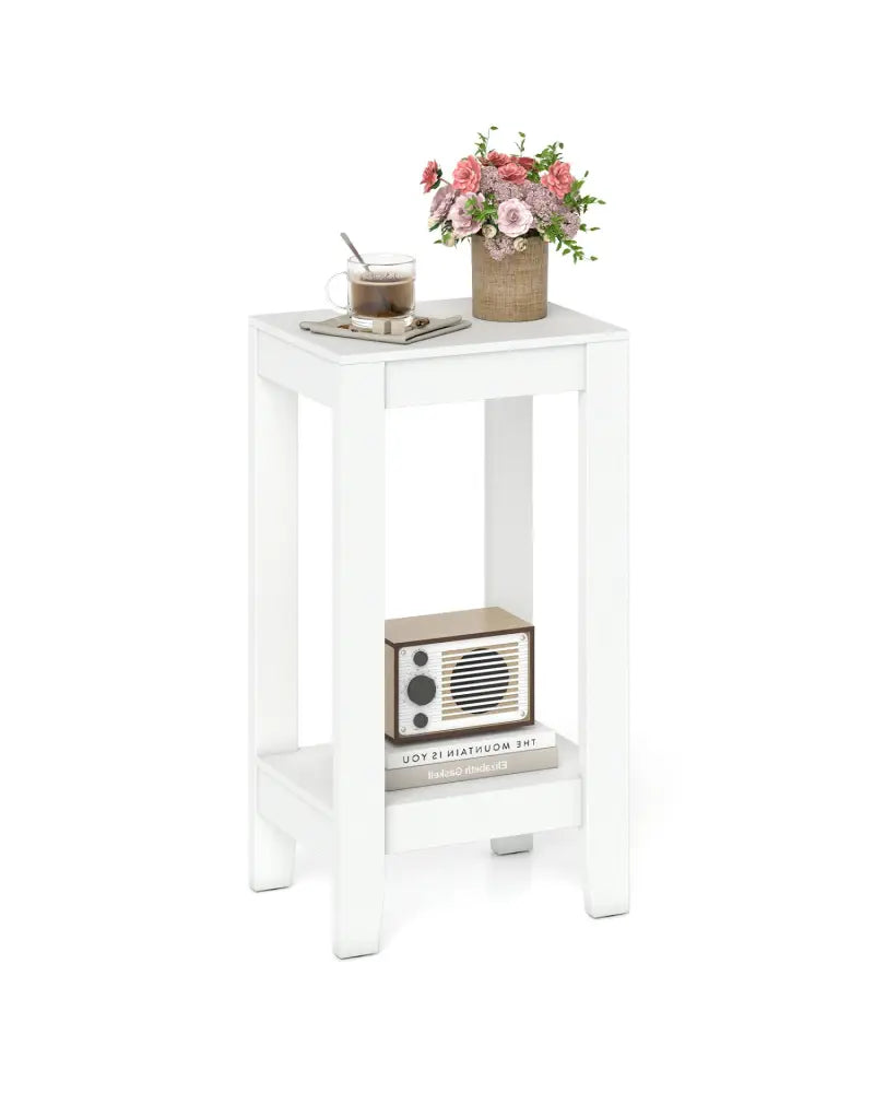 2-Tier Nightstand End Side Wooden Legs Table for Bedroom-White - White - End & Side Tables