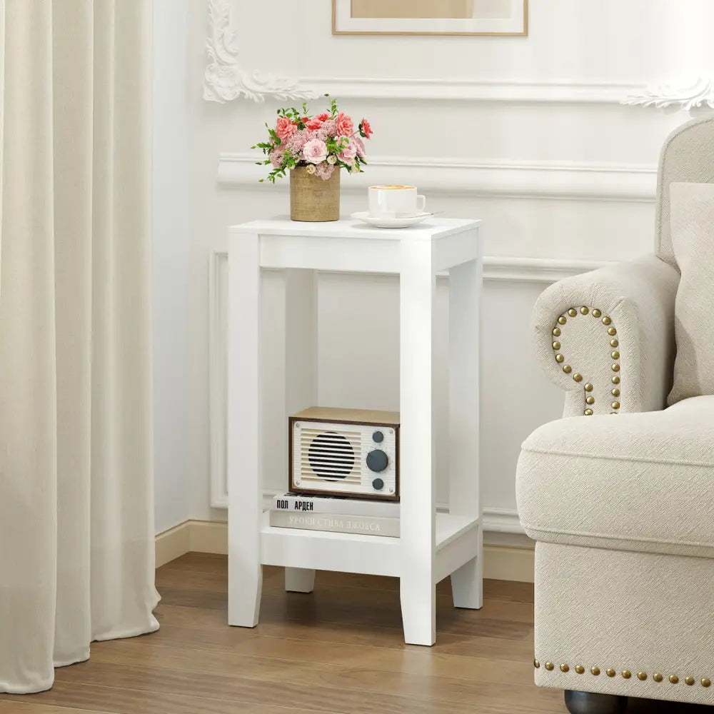 2-Tier Nightstand End Side Wooden Legs Table for Bedroom-White - White - End & Side Tables