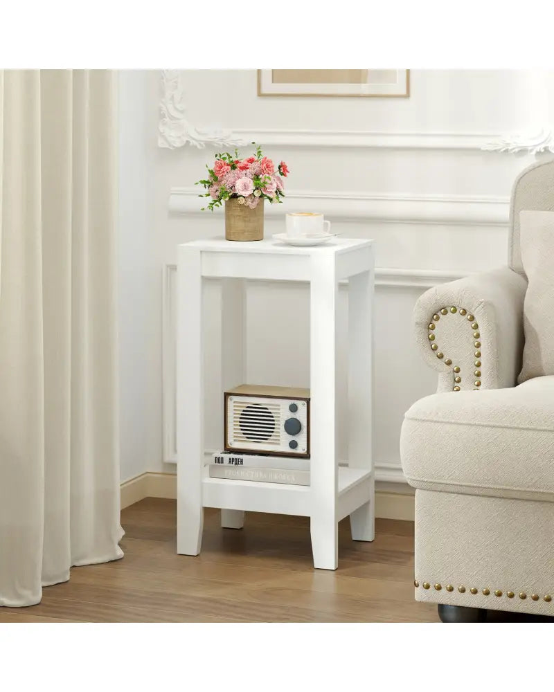 2-Tier Nightstand End Side Wooden Legs Table for Bedroom-White - White - End & Side Tables