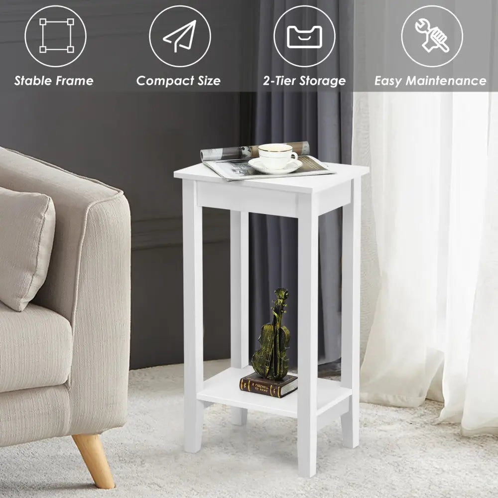 2-Tier Nightstand End Side Wooden Legs Table for Bedroom-White Costway