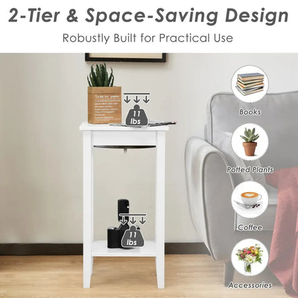 2-Tier Nightstand End Side Wooden Legs Table for Bedroom-White Costway