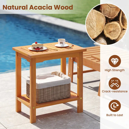 2-Tier Outdoor Acacia Wood Side Table with Slatted Tabletop and Storage Shelf - Patio Coffee Tables