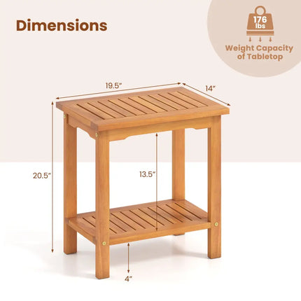 2-Tier Outdoor Acacia Wood Side Table with Slatted Tabletop and Storage Shelf - Patio Coffee Tables