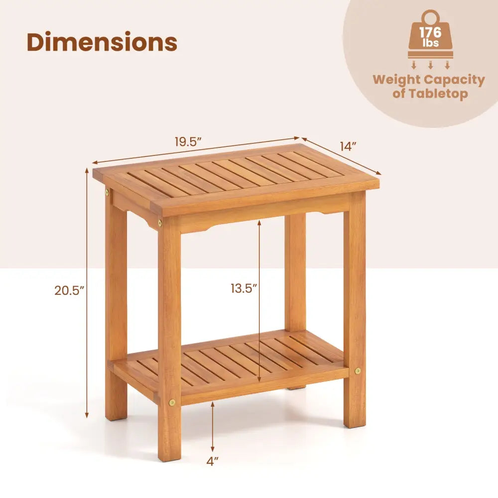2-Tier Outdoor Acacia Wood Side Table with Slatted Tabletop and Storage Shelf - Patio Coffee Tables