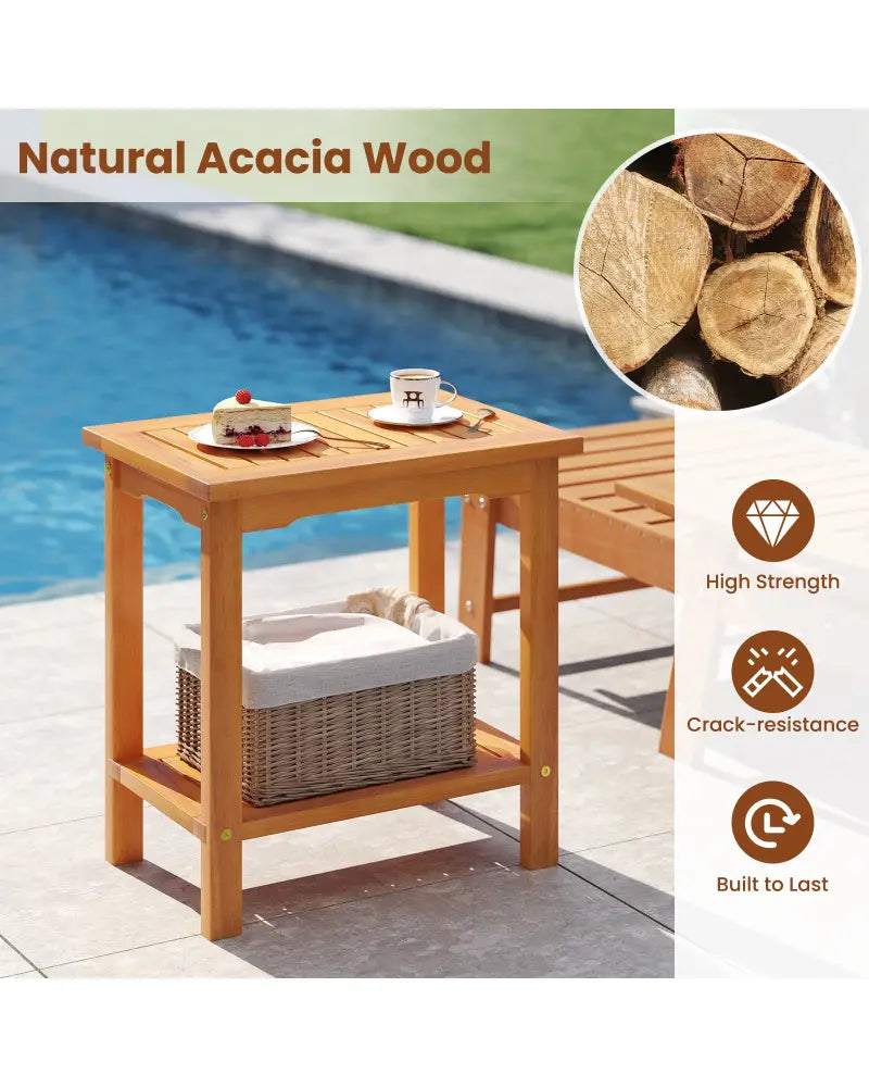 2-Tier Outdoor Acacia Wood Side Table with Slatted Tabletop and Storage Shelf - Patio Coffee Tables
