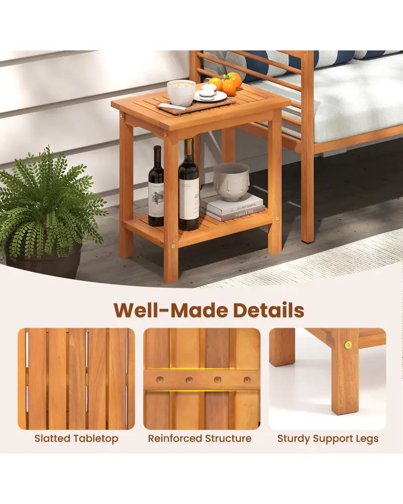 2-Tier Outdoor Acacia Wood Side Table with Slatted Tabletop and Storage Shelf - Patio Coffee Tables