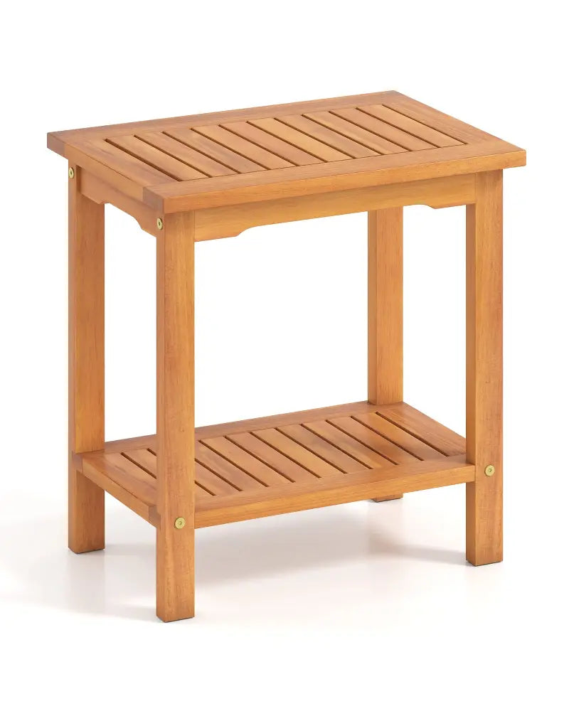 2-Tier Outdoor Acacia Wood Side Table with Slatted Tabletop and Storage Shelf - Patio Coffee Tables